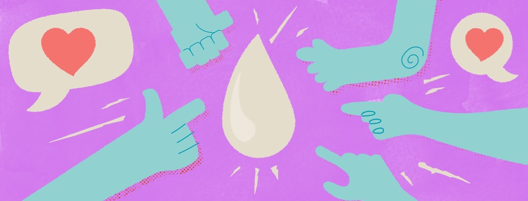 A variety of hands pointing to a drop of moisturizer. There are also speech bubbles with hearts coming from the edges of the image.