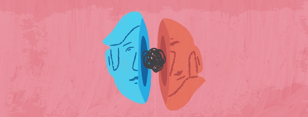 Half of blue face on the left. Half of red face, upside down. Between the two half faces is a black circular scribble