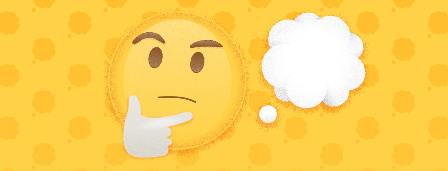 the thinking emoji face and the thought bubble emoji on a patterned background.