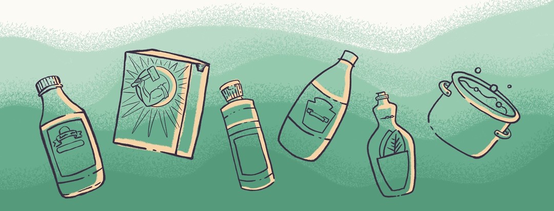 Line drawing illustrations of all the various cleaning supplies mentioned in the article.