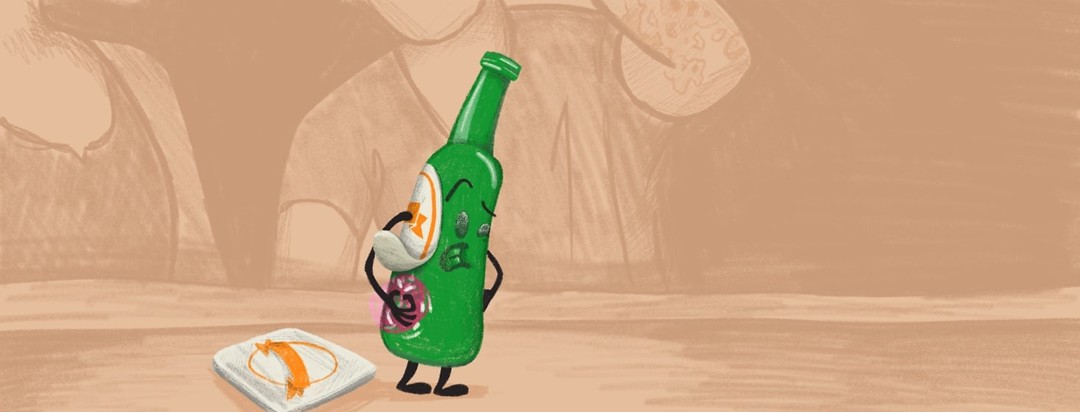 A confused beer bottle scratching under it's label with a plaque breakout happening. In the back ground is a hopping bar scene.