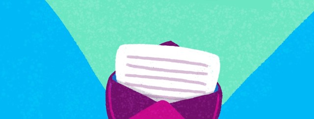 An envelope with a paper extending out of it.