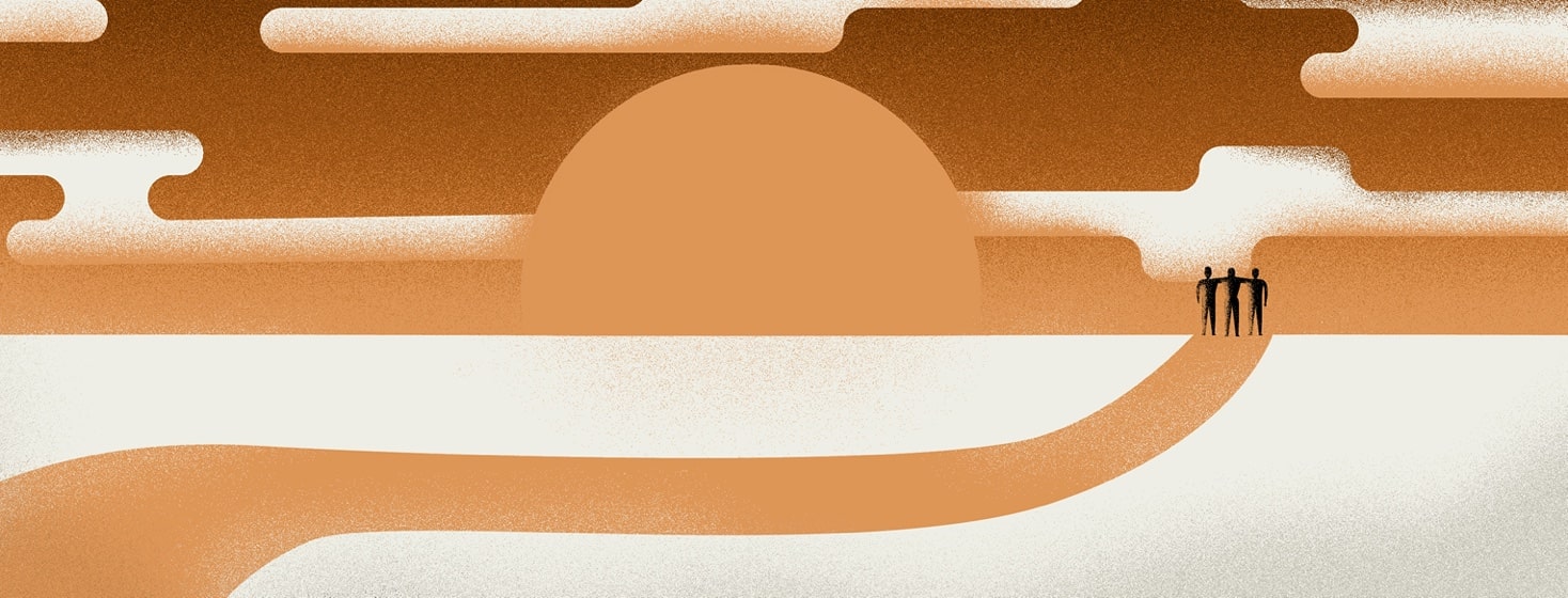 a group of friends walking off into a sunset