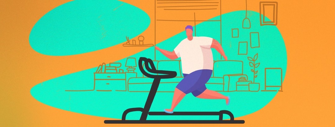 Male figure in workout clothes running on treadmill in a living room setting