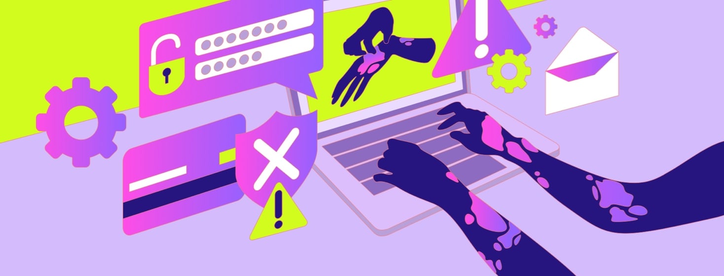 Two plaque covered arms and hands typing on a laptop. On the laptop screen are two hands covered in psoriasis scratching themselves. There are lots of warnings and popups around the screen.