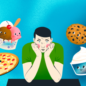 A young man sits with his chin on his hands, looking dejected. Around him are floating happy foods, including ice cream, pizza, a cookie, and a tub of Cool Whip.