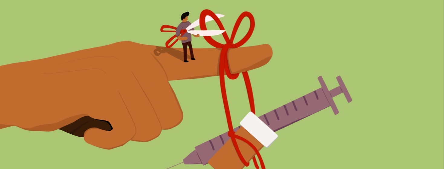 A tiny man cutting a memory knot thats being weighed down by medication