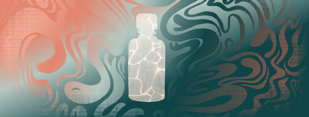 A cracked shampoo bottle in front of a wavy background