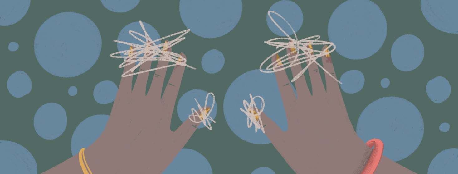 Two hands with psoriasis nails. Overlaid on the hands are scribbles hiding the nails.