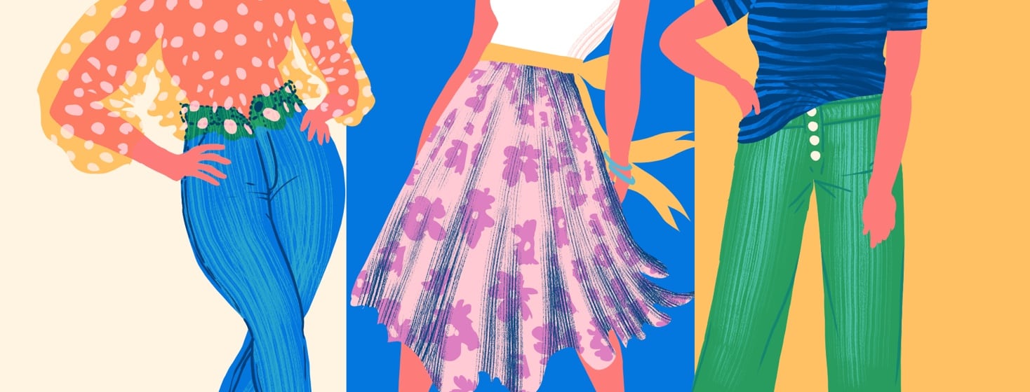 A woman wearing three different fashionable kinds of outfits.