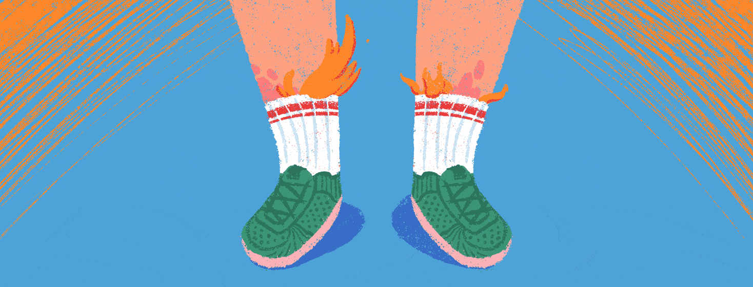 Two legs with plaque spots wearing socks and shoes. Flames are bursting over the tops of the shoes.
