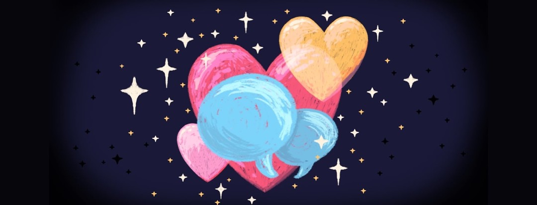 Two speech bubbles overlapping each other in front of overlapping hearts and stars