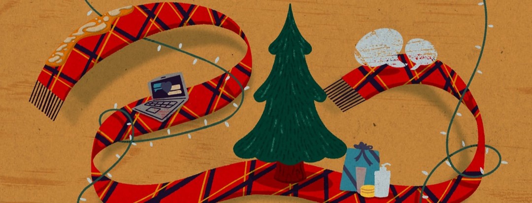 a plaid scarf floating around with a spot of plaques, a laptop, a lotion gift set, and conversation bubbles on it. There is a Christmas tree front and center.