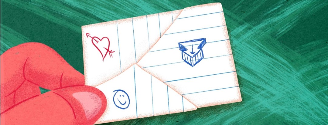 A hand holding a love note. On the folded note is an arrow pointing to the viewer, a smiley face, and a heart.