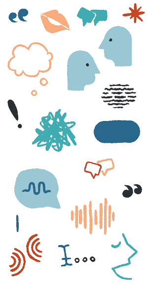 Flow of symbols featuring zigzag written text, megaphone, talk bubble, thought bubble, pencil, pen, mouth speaking