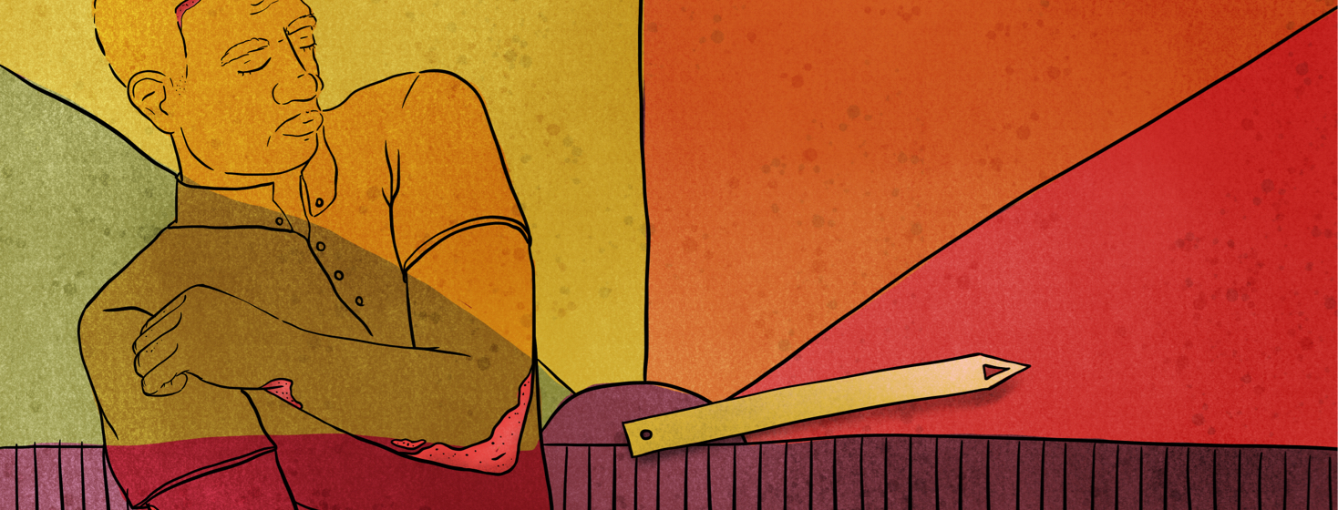 Person with severe plaques on their arms, face and scalp on top of a scale pointing to red