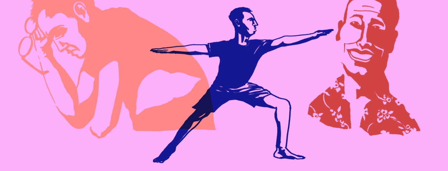 From left to right, a stressed man holding their head in their hand, in the center, a person confidently doing yoga, on the right, a smiling content portrait of a man.