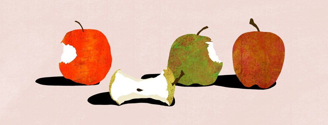 1 apple core, 2 apples with a bite out of them, and 1 whole apple