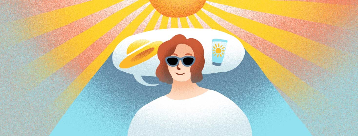 A woman's speech bubble, which is filled with a hat and sunscreen symbol, wraps around behind her head, shading her from the intense sun rays above.
