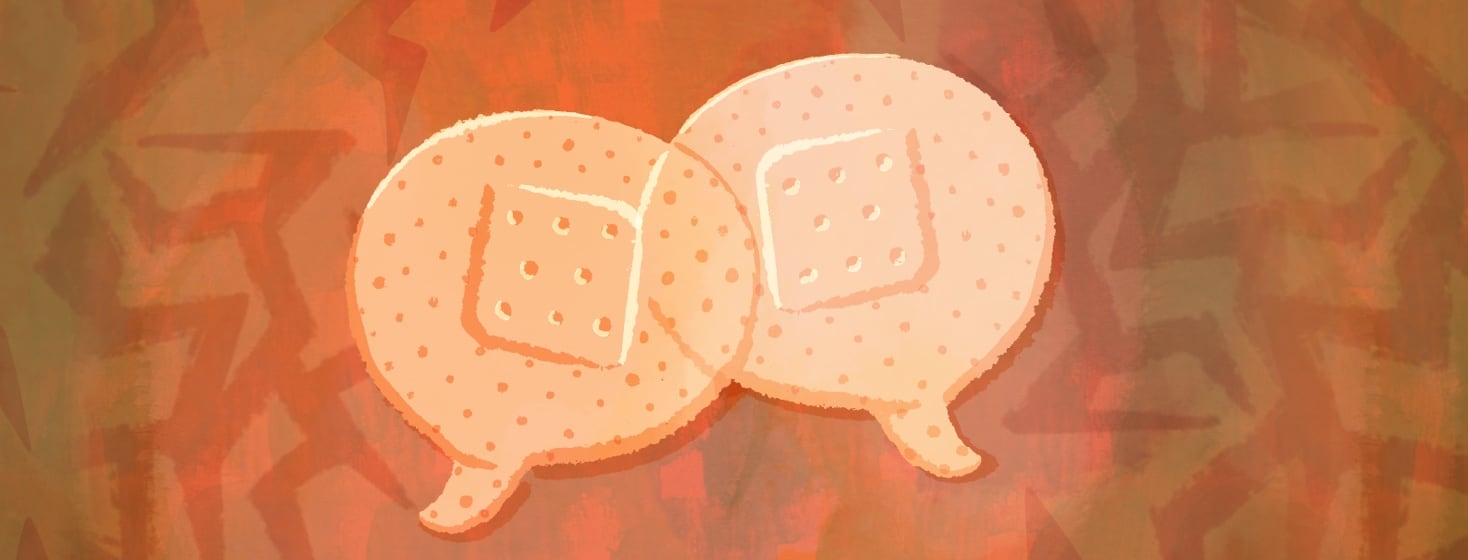 Two small bandaids overlapping each other. They bandaids look like speech bubbles.