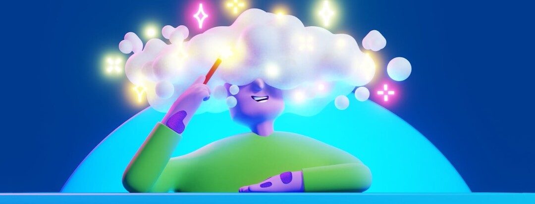 A person holding a magic wand and pointing it to a glowing cloud above their head. Surrounding the cloud are glowing sparkles and stars.