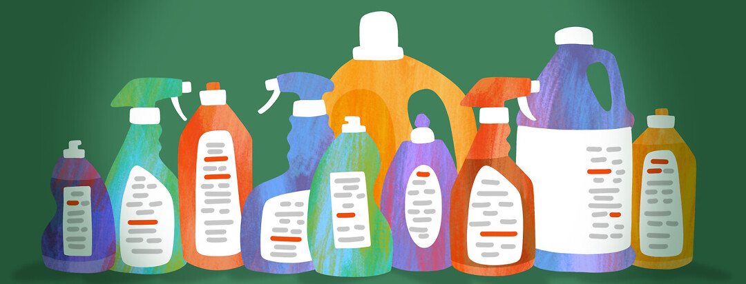 A row of various cleaning product bottles with red lines highlighted on their ingredients lists.