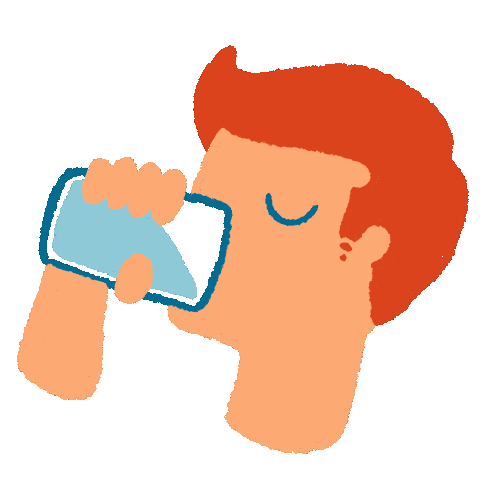 A red-headed person is endlessly drinking water out of a glass. There is a dribble running down their chin.