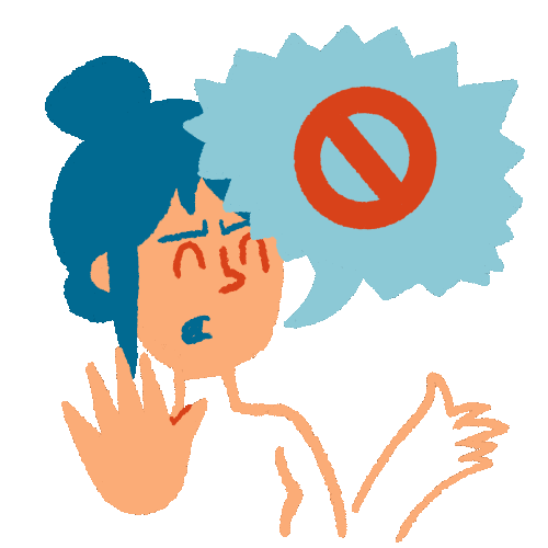 A woman with a dismissive expression wagging her hand at the viewer. In an angry speech bubble is a red prohibited symbol.