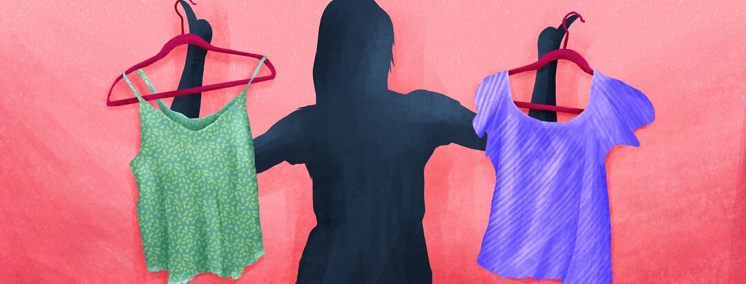 A silhouette of a woman holding up two different shirts on hangers.