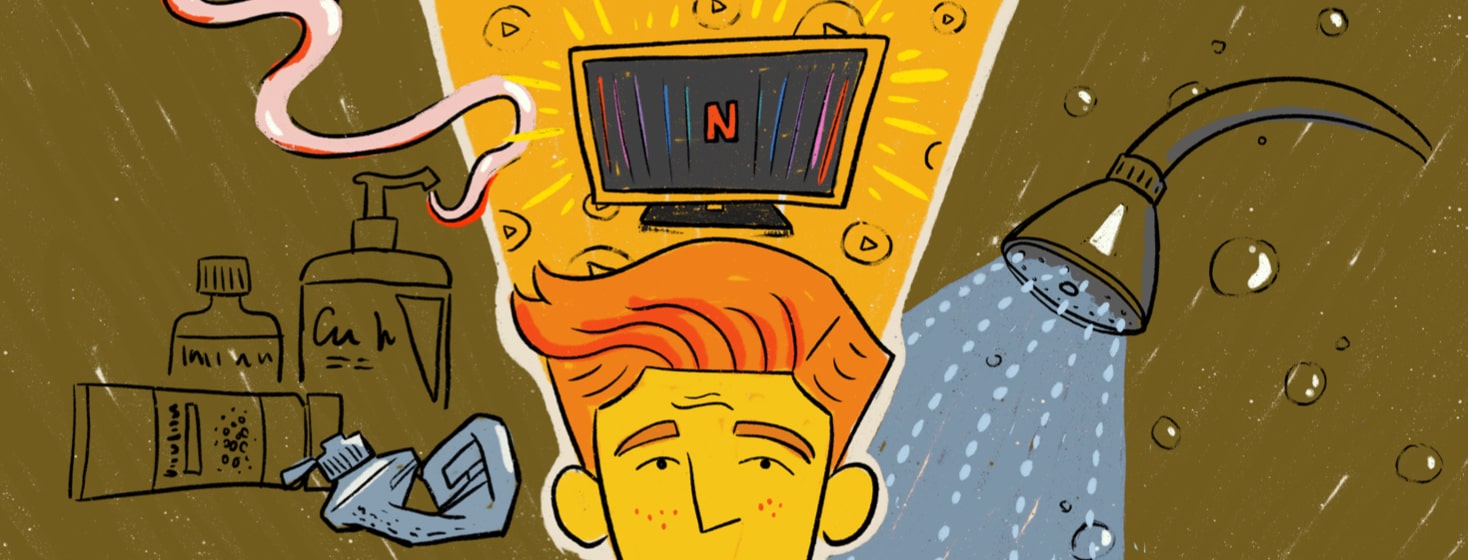 Person surrounded on left by lotions, on right by a shower, and above by a TV