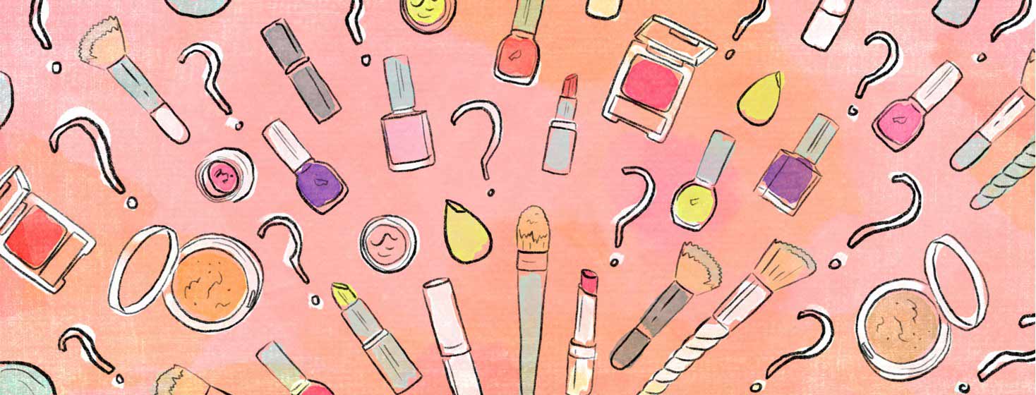 An assortment of cosmetic products with a few question marks spread throughout.