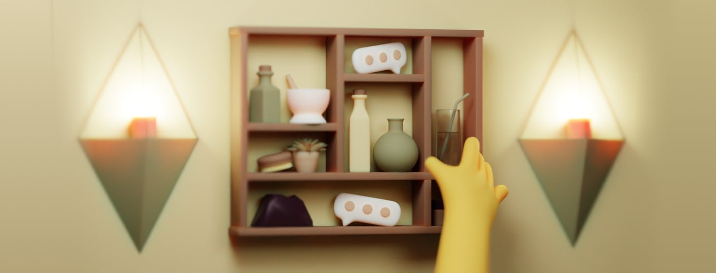A hand is grabbing for something on an apothecary shelf. On the shelf are speech bubbles, an exfoliation brush, a glass of water, a succulent, a pestle and mortar, and various bottles. Diamond-shaped wall lights are hanging on the sides of the shelf.
