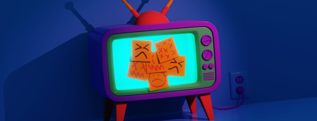 A glowing vintage vibrant tv covered with post-it notes. On the post-its are a variety of Xs and angry faces.