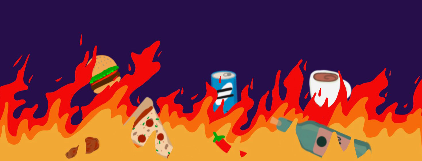 Brightly burning flames surrounding common trigger foods, including alcohol, soda, and spicy foods.