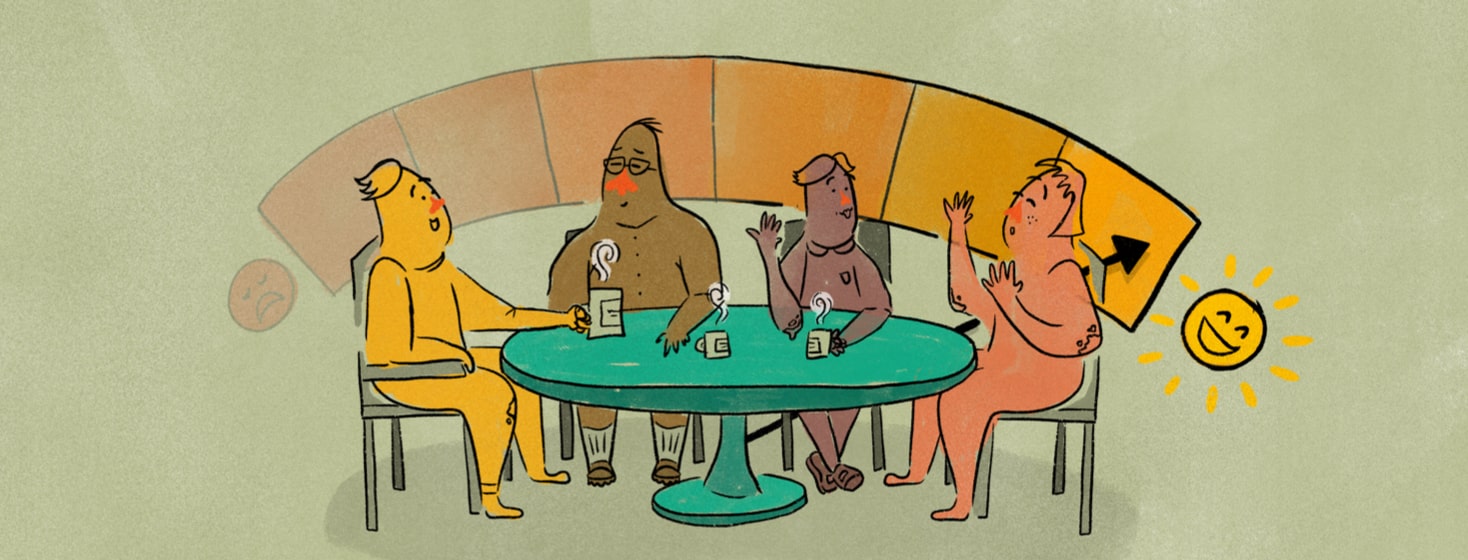 Four people having coffee and talking at a table with a happiness meter in the background