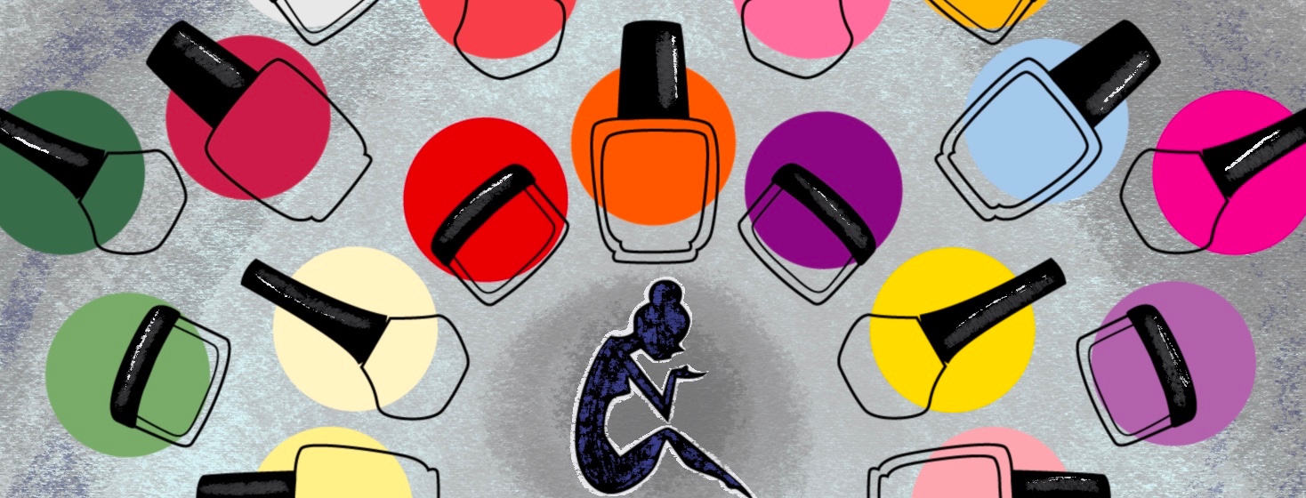A woman sits surrounded by colorful nail polish bottles
