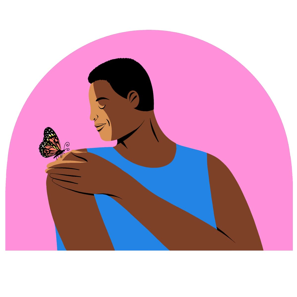 a man gently touches his shoulder where a butterfly has landed.