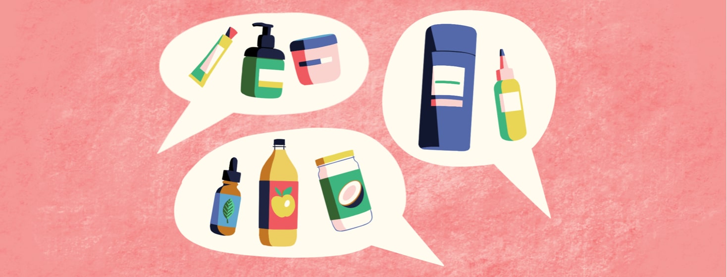alt=different products for skincare routines float in speech bubbles.