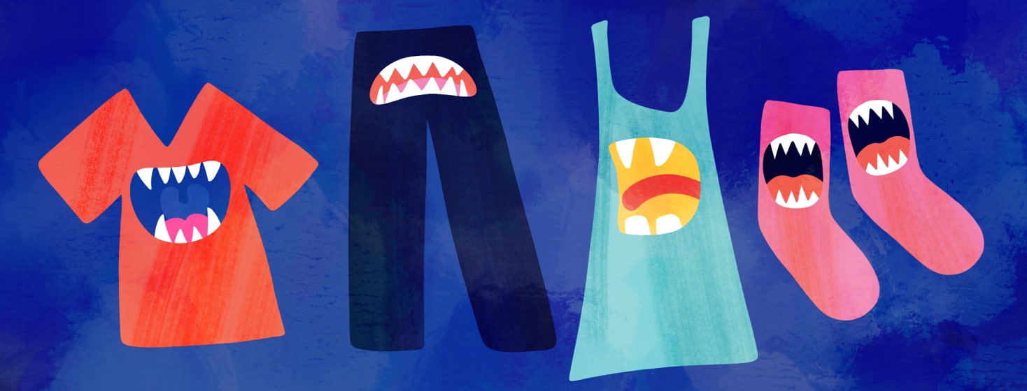 alt=Articles of apparel with scary monster mouths on each one.