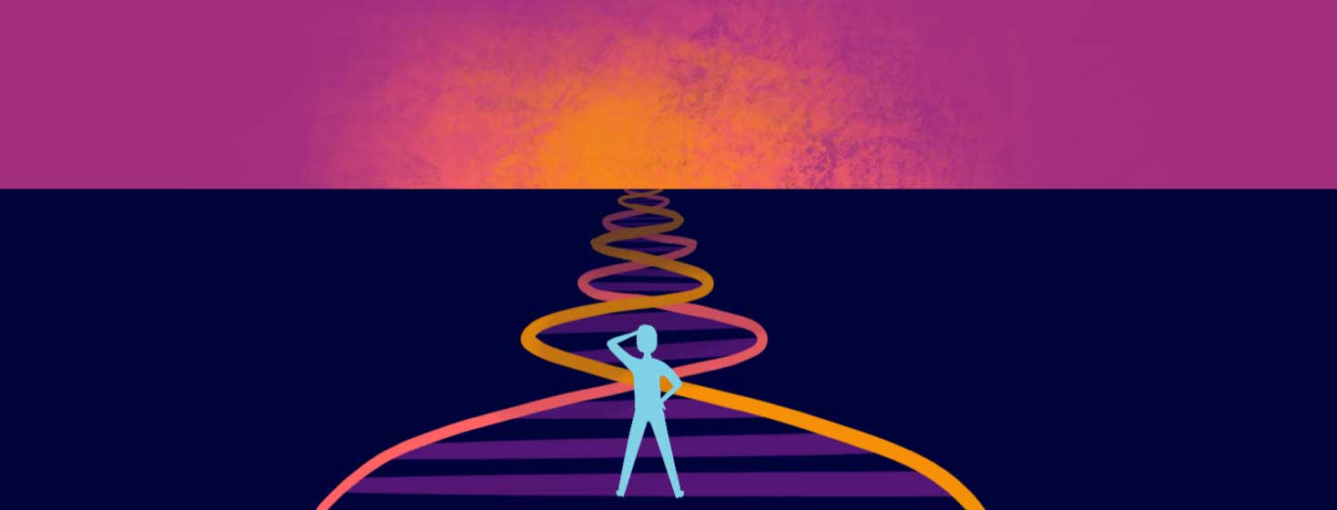 Person standing at path of DNA. Horizon, double helix, genetics, biomarker
