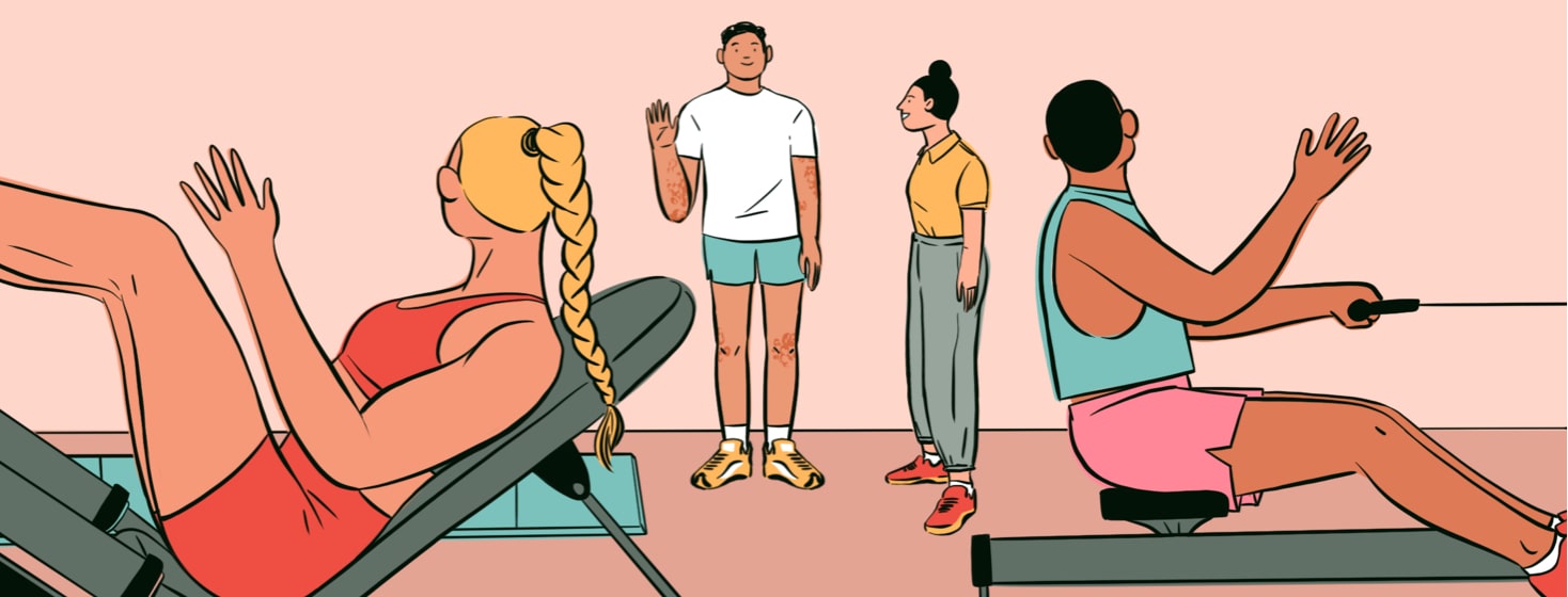 alt=friendly people on exercise machines put a man's anxiety at ease at the gym