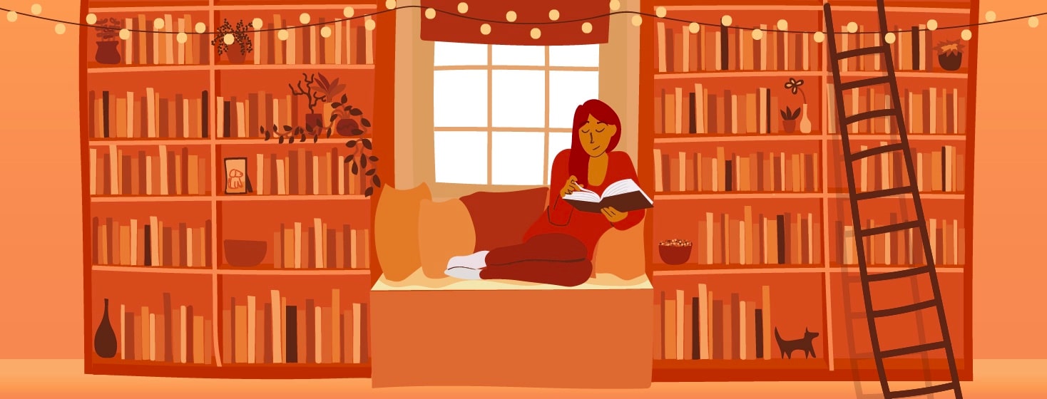 alt=a woman managing stress by reading in a cozy library