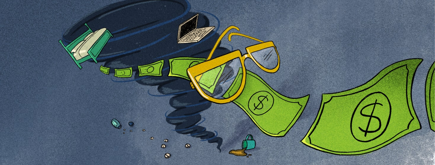 Tornado with money, glasses, a bed, and computer flying around and in it