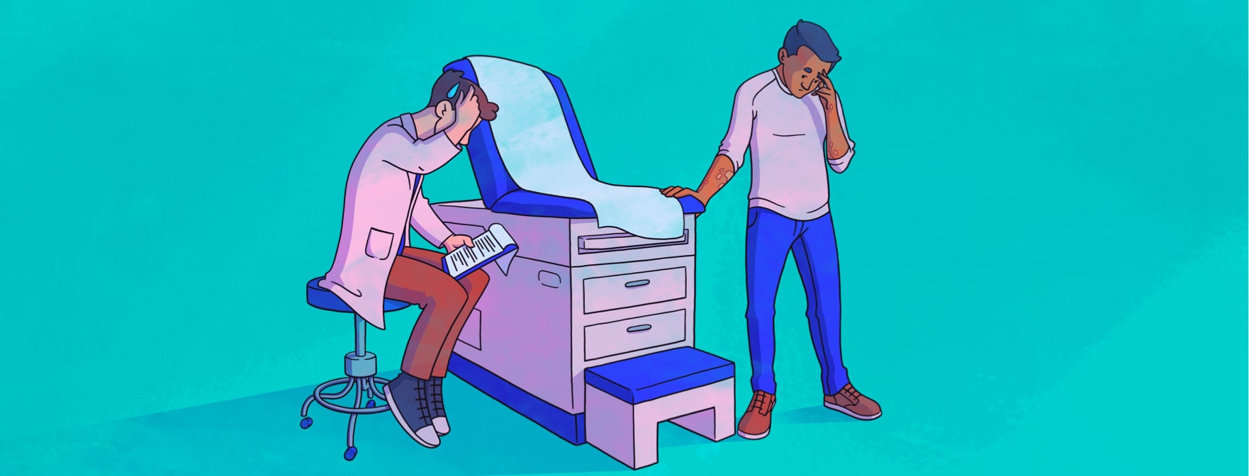 A man with psoriasis apprehensively looking at an examination table and doctor who sits scratching his head in confusion