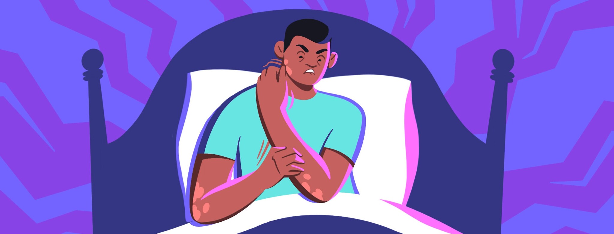 An exhausted adult male scratches at his in frustration while laying in bed