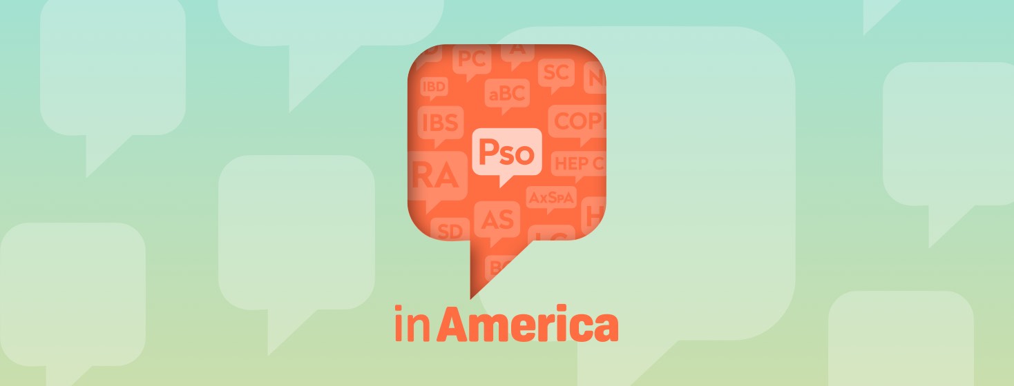 A speech bubble highlighting the Pso logo above the words In America, surrounded by a fainter word cloud of logos for other Health Union websites.