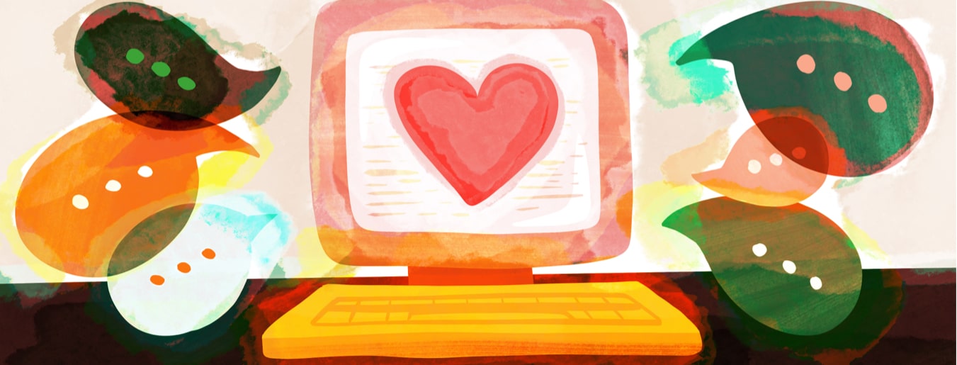 A computer screen shows a large heart while dialogue bubbles are sprouting from the screen, showing online community
