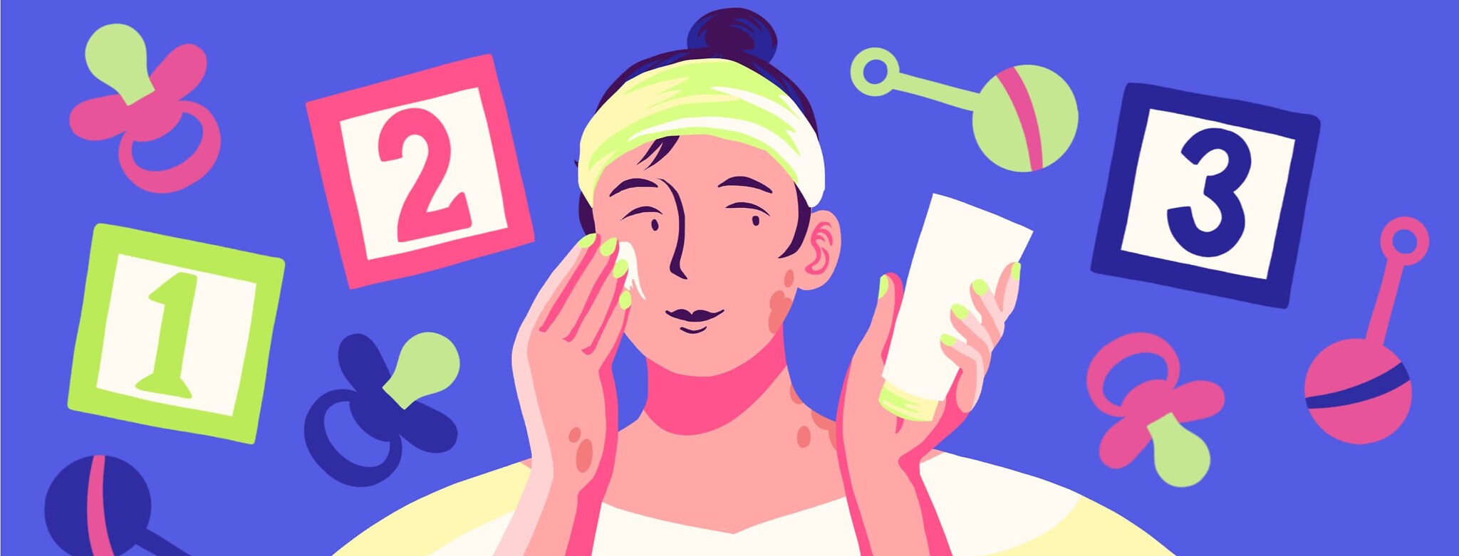 An adult woman rubs lotion on her face while surrounded by baby toys