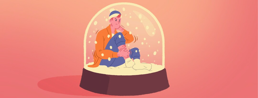 An adult male with psoriasis trapped inside a snow globe. He wears a frustrated expression as he furiously itches away.
