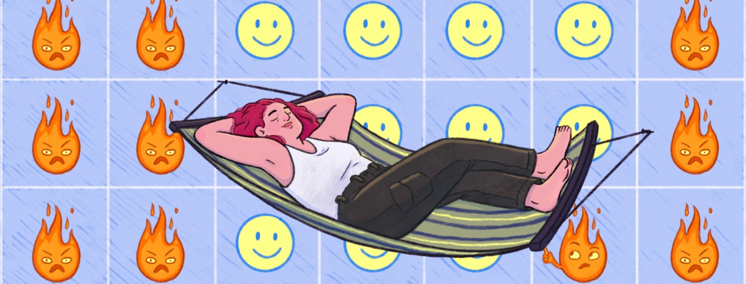 A woman relaxes on a hammock on a calendar over days with smiley faces between days with flames on them, under her a flame pokes her hammock